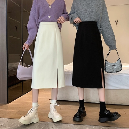 여자여자몰 휘뚜루마뚜루 옆트임 기본a라인스커트 봄 오피스롱치마 뒷밴딩 이미지
