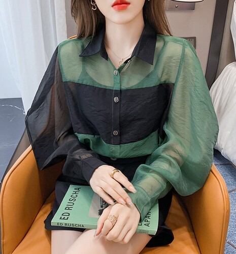 여자여자몰 은은한섹시 볼륨소매 배색자켓 여름 블라우스겸용 쁘띠아우터 이미지 3