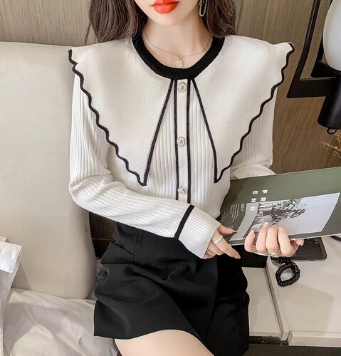 라인배색 뾰족빅카라 골지니트티 유니크 이너니트티 간절기 - 상품 이미지