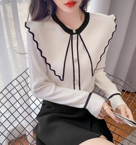 라인배색 뾰족빅카라 골지니트티 유니크 이너니트티 간절기 - 상세 이미지 4