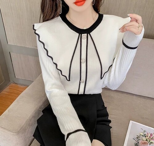 라인배색 뾰족빅카라 골지니트티 유니크 이너니트티 간절기 - 상세 이미지 2