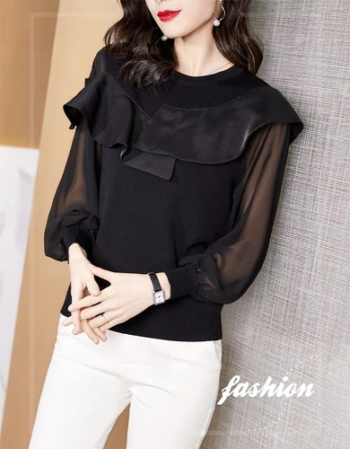 특이 우아 사선프릴 시스루소매  간절기 라운드넥 니트블라우스 계절용신상 아나운서 쇼호스트 77 이미지 6