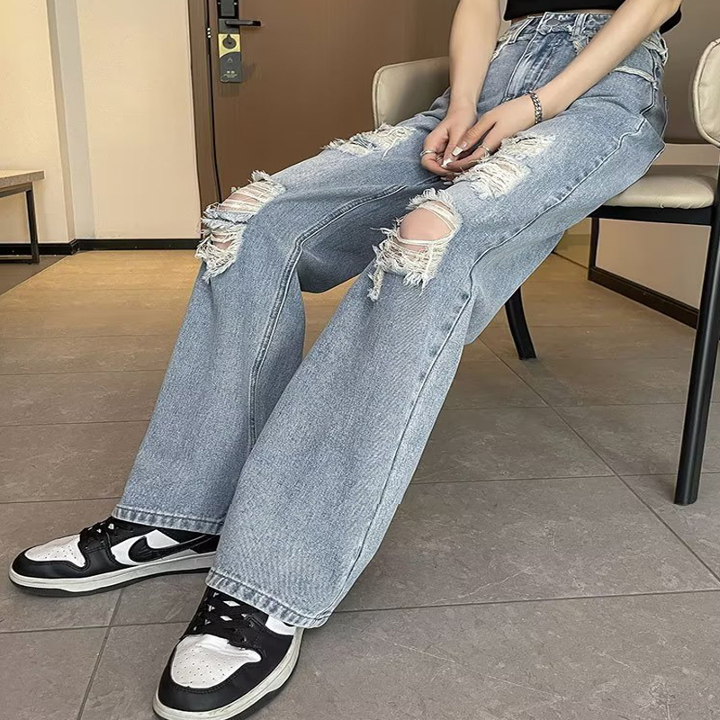 여자 와이드 찢어진 연청바지 일자 여름 하이웨스트 이미지 4