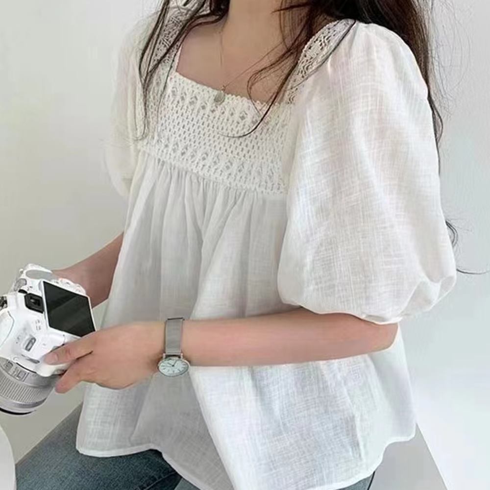 여름 펀칭 블라우스 스퀘어넥 반팔 시원한 - 상세 이미지 3