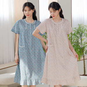여성 면 잠옷 여자 원피스 반팔 파자마 홈웨어 꽃무늬 플라워 M5331 ... 착용 후기 | 사이즈/핏 총정리 - 상품 이미지 1