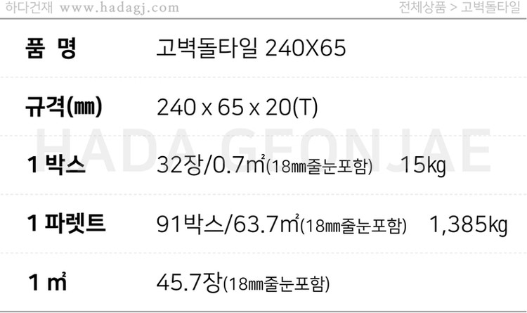 고벽돌타일 240x65x20T 적고(홍고), 청고, 백고 / 하다건재