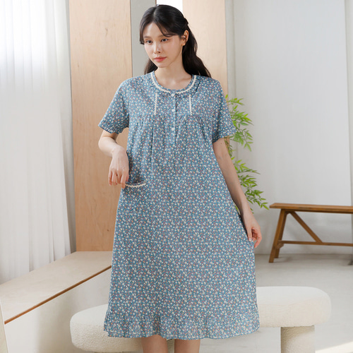 여성 면 잠옷 여자 원피스 반팔 파자마 홈웨어 꽃무늬 플라워 M5331 M들꽃 이미지 4
