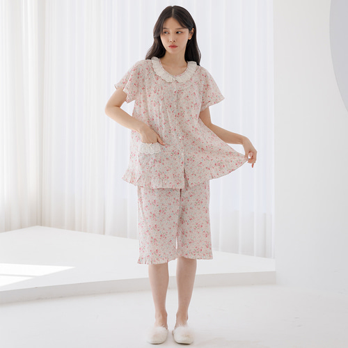 여성 면 잠옷 여자 원피스 반팔 파자마 홈웨어 꽃무늬 플라워 M5319 M한꽃 이미지 2