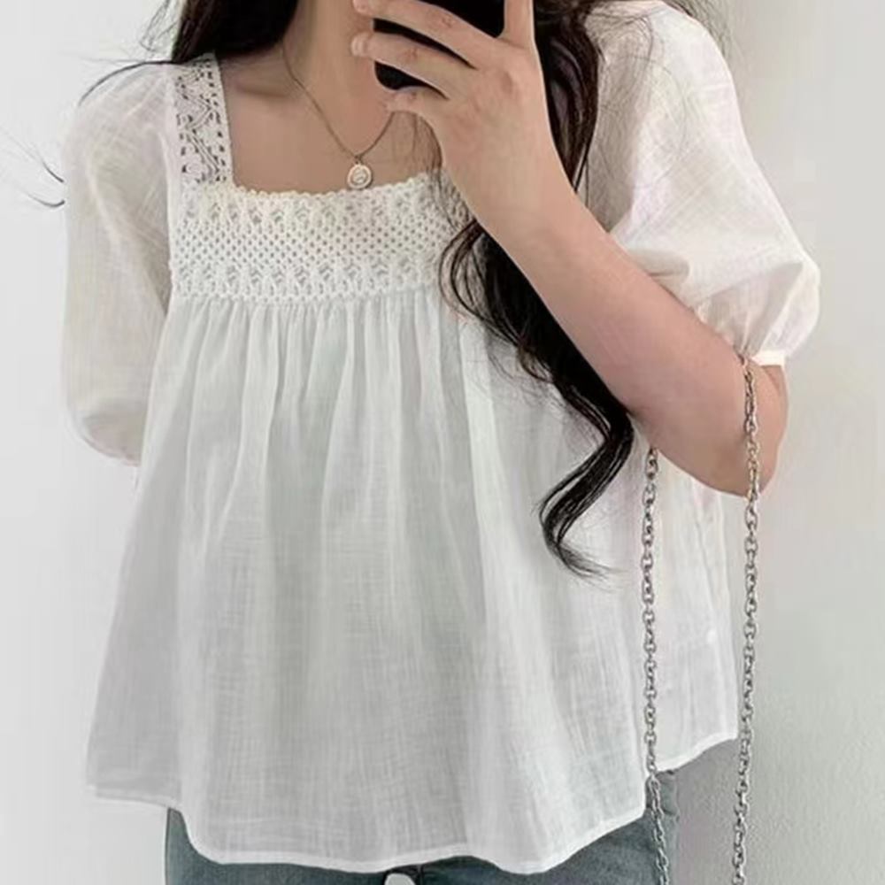 여름 펀칭 블라우스 스퀘어넥 반팔 시원한 - 상세 이미지 4