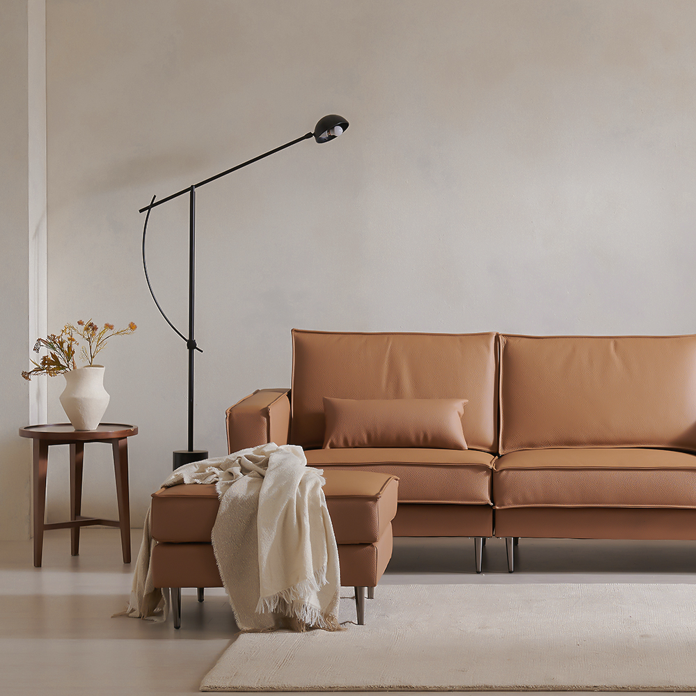 장인가구 데이먼스 3인용 천연면피 가죽소파 스툴포함