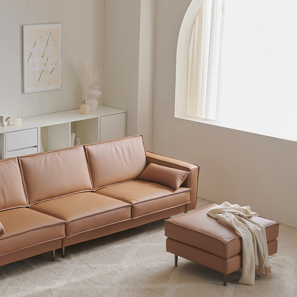 장인가구 데이먼스 3인용 천연면피 가죽소파 스툴포함