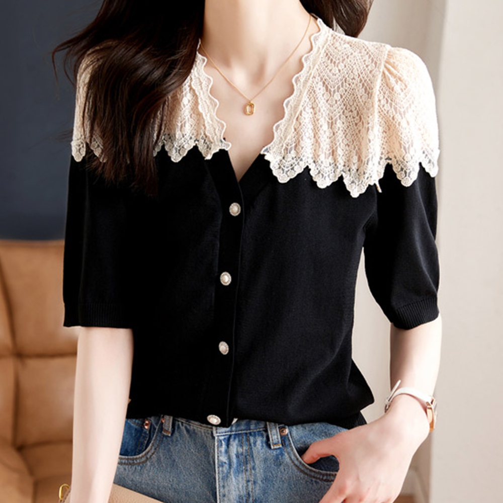 레이스가디건 크로쉐 배색 반팔 시스루 볼레로 니트 여름 가디건