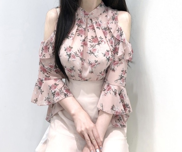 여자여자몰 세상편한 섹시 오프숄더블라우스 쉬폰플라워 시스루 여름블라우스 이미지 4