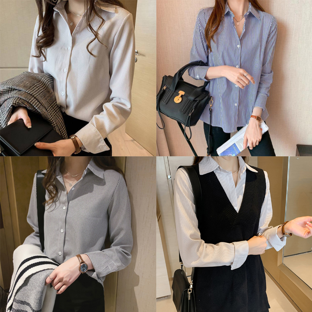 여성 셔츠 카라 봄 가을 여름 겨울 블라우스 여자 스트라이프 오피스룩 출근룩 긴팔 남방 이미지 1
