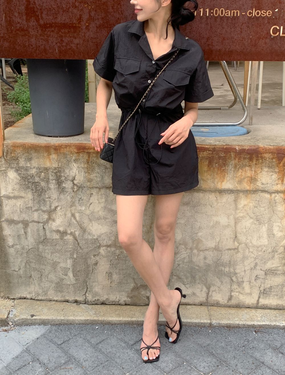 프라이데이 여름 반팔 바스락 카라 양 포켓 허리 스트링 와이드 반바지 점프슈트 이미지 2