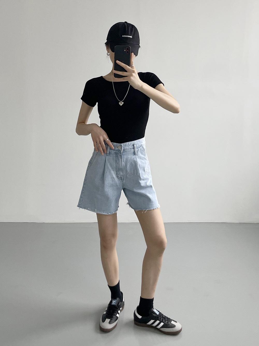 4부 여성 청반바지 연청 중청 여성 핀턱 A라인 데님 숏팬츠 이미지 2