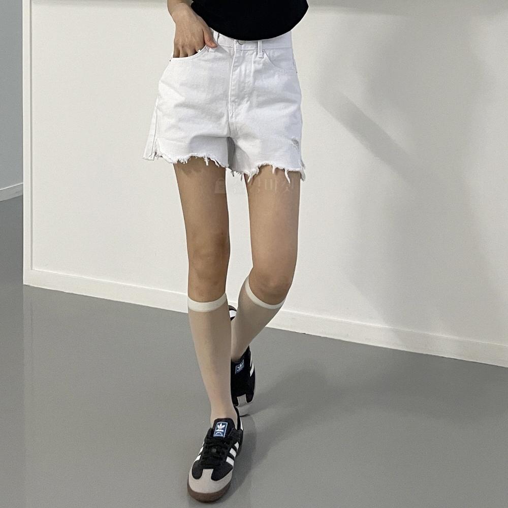 여름 3부 면반바지 여성 화이트 블랙 찢어진 빈티지 숏팬츠 - 상품 이미지