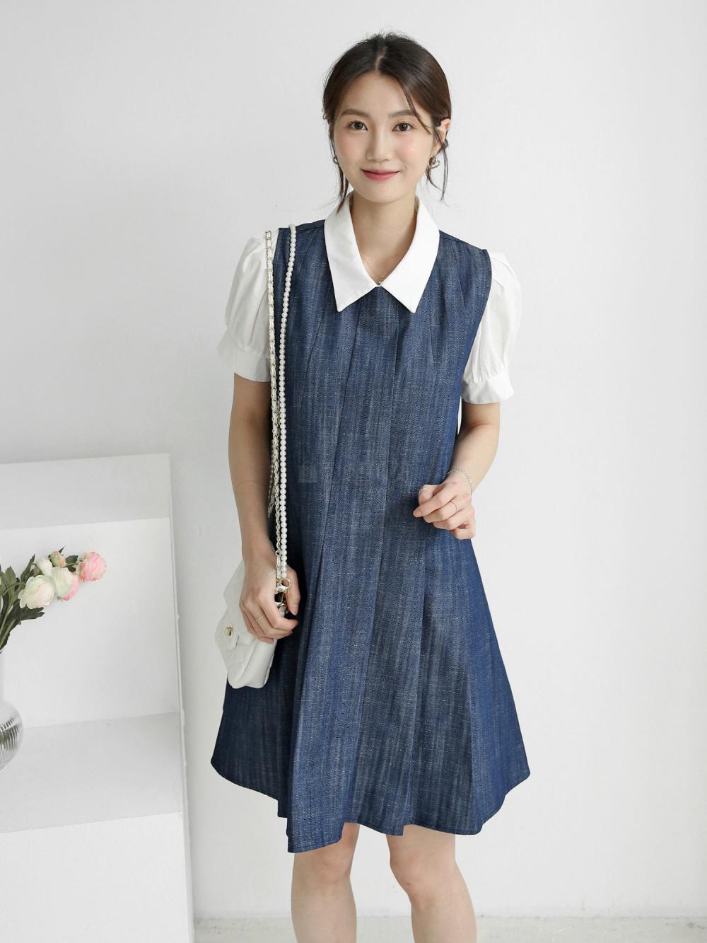 데님원피스 나시 여성 여름 주름 핀턱 A라인 청 미니 원피스 이미지 4