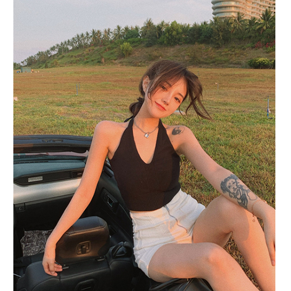 쫄나시 파란 백리스 홀터넥 브이넥 흠뻑쇼 크롭탑 니트 나시 - 상세 이미지 4