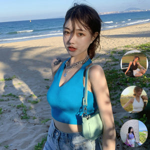 쫄나시 파란 백리스 홀터넥 브이넥 흠뻑쇼 크롭탑 니트 나시 착용 후기 | 사이즈/핏 총정리 - 상품 이미지 1