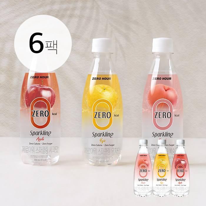 [제로아워] 0kcal 스파클링 복숭아/사과/유자 6개입 무설탕 음료 350ml - 상품 이미지