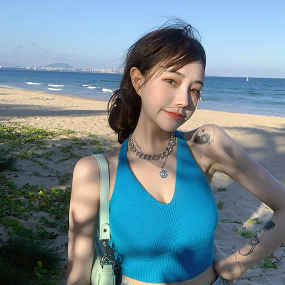 쫄나시 파란 백리스 홀터넥 브이넥 흠뻑쇼 크롭탑 니트 나시 - 상세 이미지 3