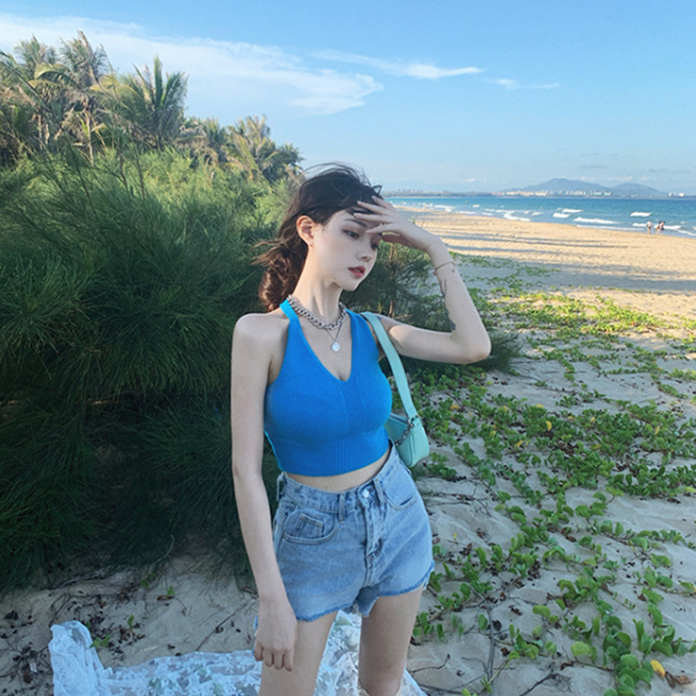 쫄나시 파란 백리스 홀터넥 브이넥 흠뻑쇼 크롭탑 니트 나시 - 상세 이미지 2