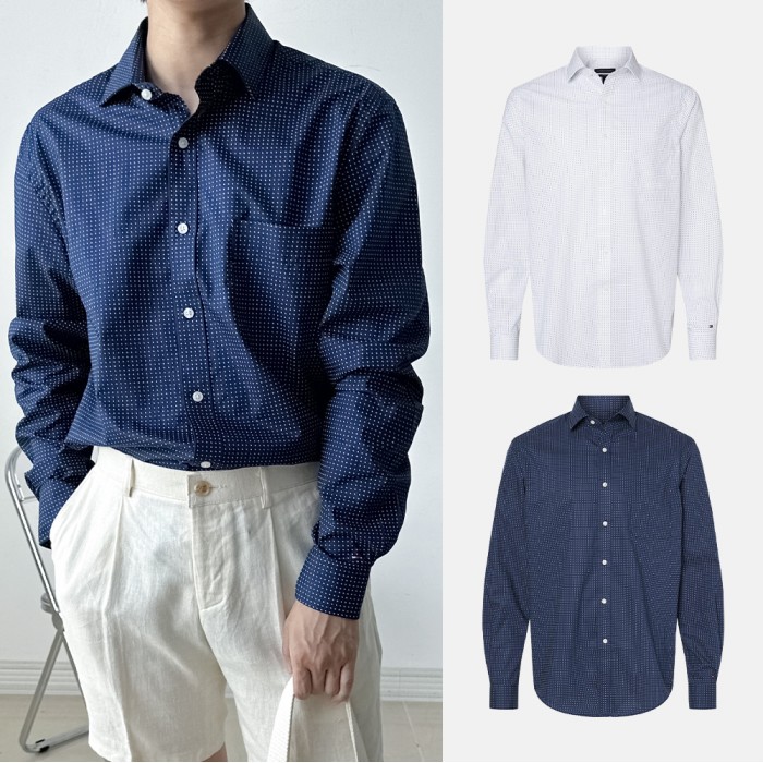 타미힐피거 도트 패턴 코튼 셔츠 포켓