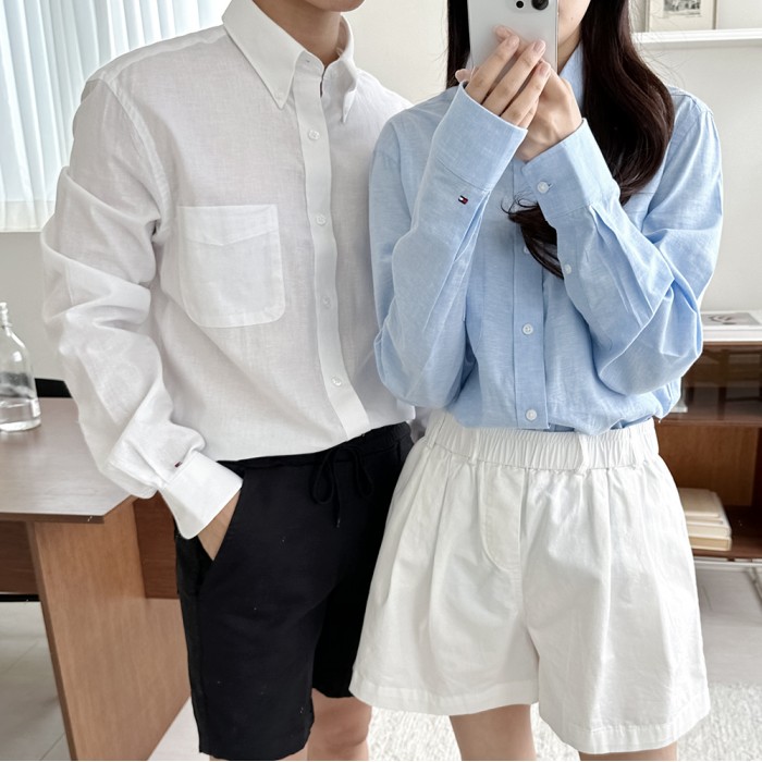 타미힐피거 남녀공용 포켓 린넨 셔츠