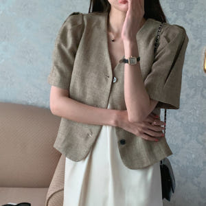 밀가 여자 여름 노카라 브이넥 소매 반팔 셔링 핀턱 퍼프 벌룬 린넨 하객... 착용 후기 | 사이즈/핏 총정리 - 상품 이미지 2