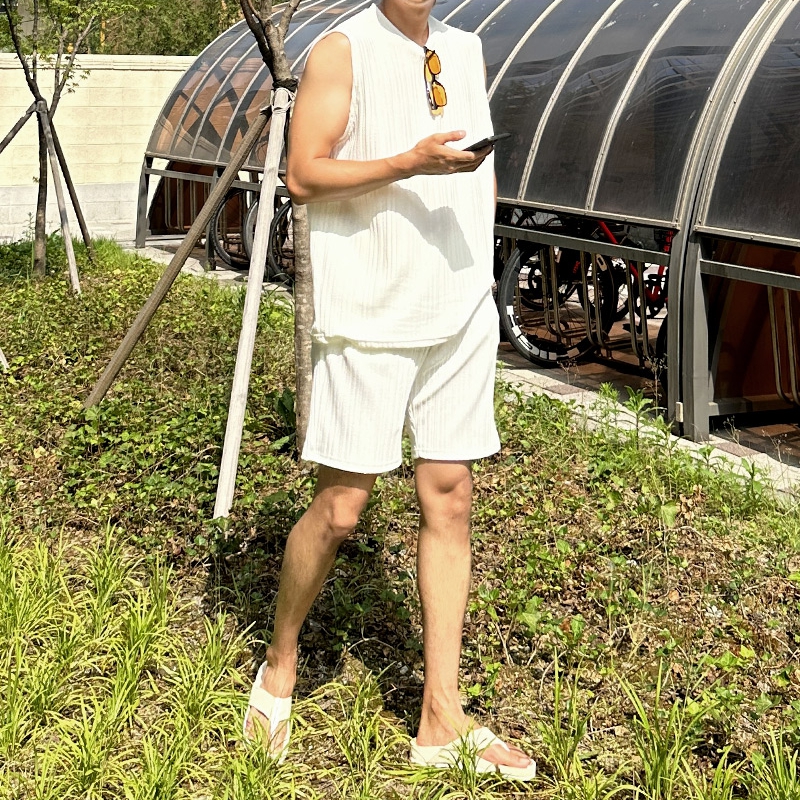 남자 4타입 베탄시스 플리츠 반팔 가디건 나시 반바지 와이드 셋업 세트 이미지 3