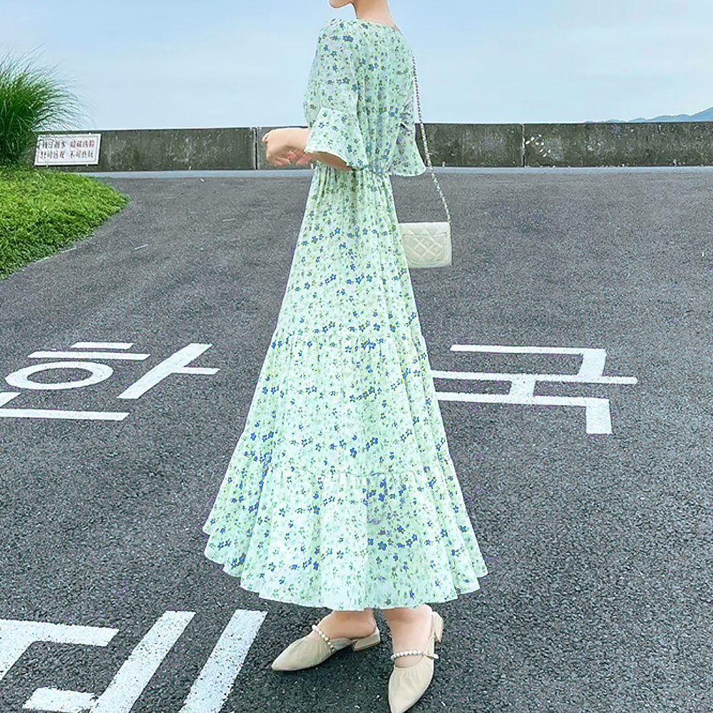 그린 잔꽃 원피스 키작녀 바스락 플라워 꽃무늬 롱원피스 이미지 3