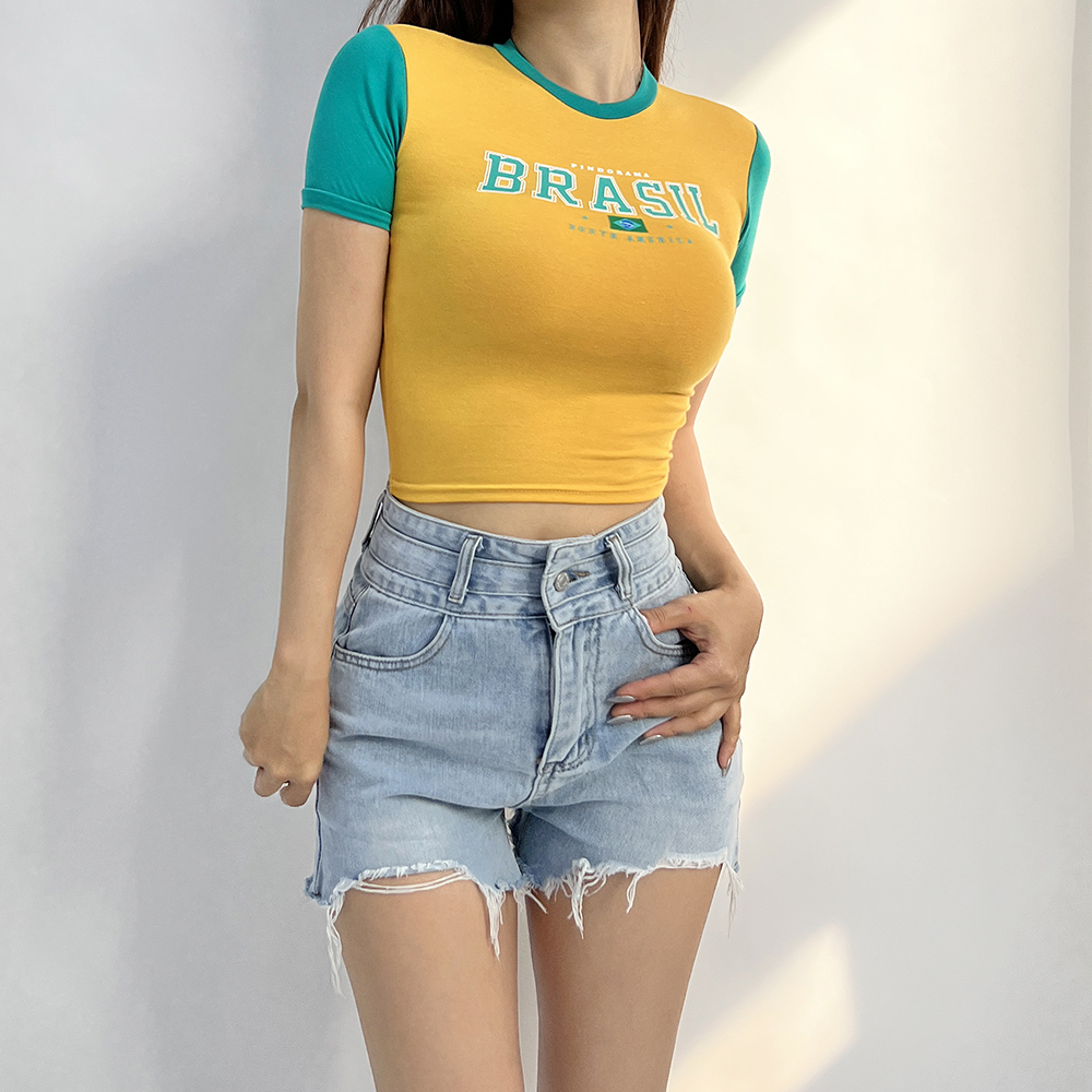 필레 레터링 배색 캐주얼 힙 반팔 크롭티셔츠 3color 이미지 3