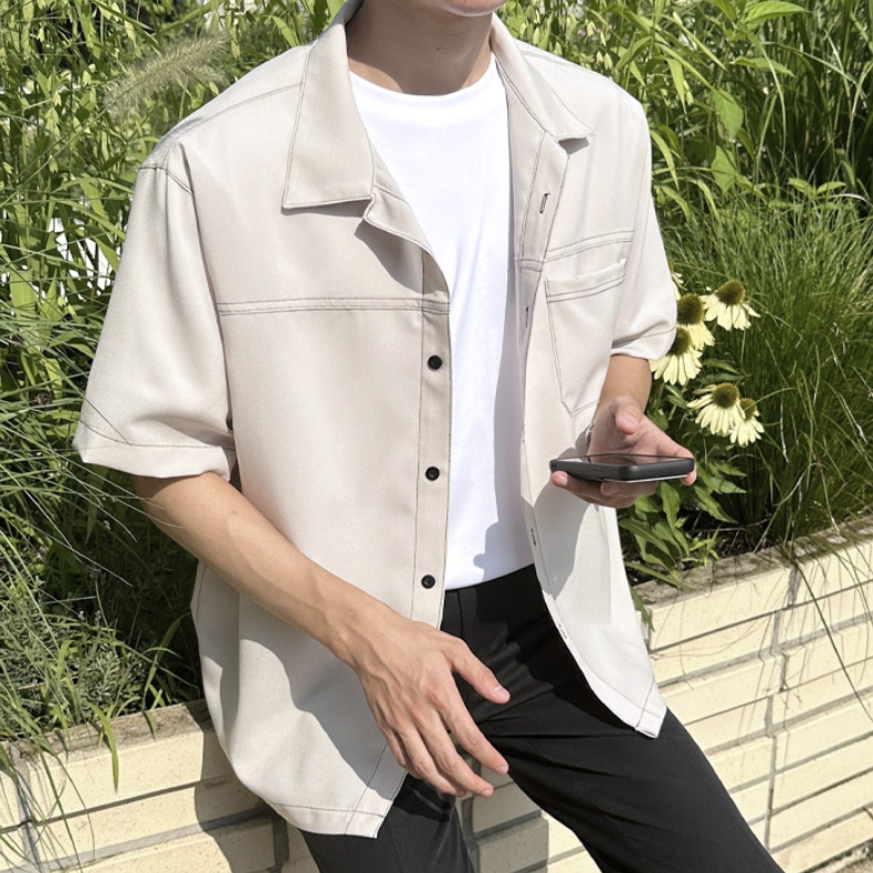 남자 칼소 여름 오버핏 스티치 크롭 린넨 반팔 셔츠 이미지 2