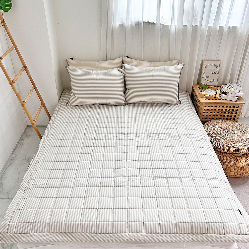침대패드 오가닉 고밀도 스트라이프 순면패드 크림 엔틱 논슬립 고무밴드