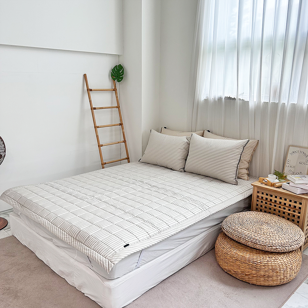 침대패드 오가닉 고밀도 스트라이프 순면패드 크림 엔틱 논슬립 고무밴드
