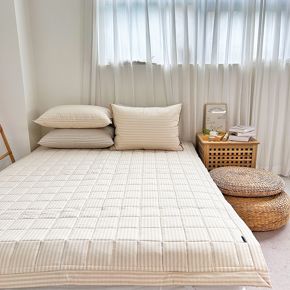 침대패드 오가닉 고밀도 스트라이프 순면패드 크림 엔틱 논슬립 고무밴드
