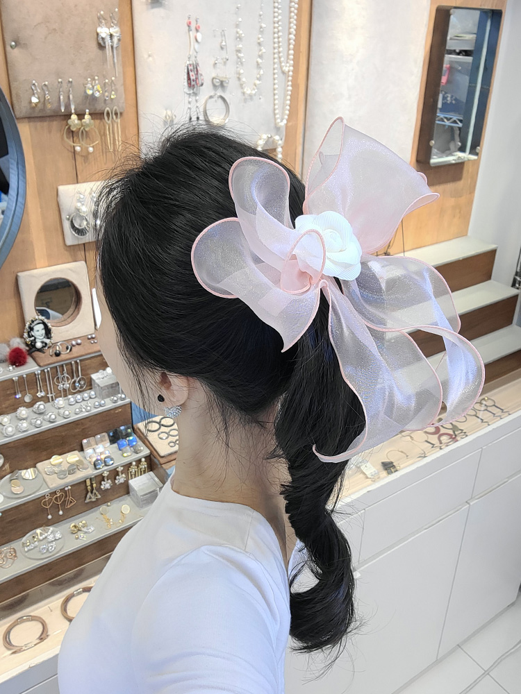 루루핀 펄있는 핑크 이중 중앙 까멜리아 포인트 포니테일 반머리 리본 헤어핀 - 상품 이미지