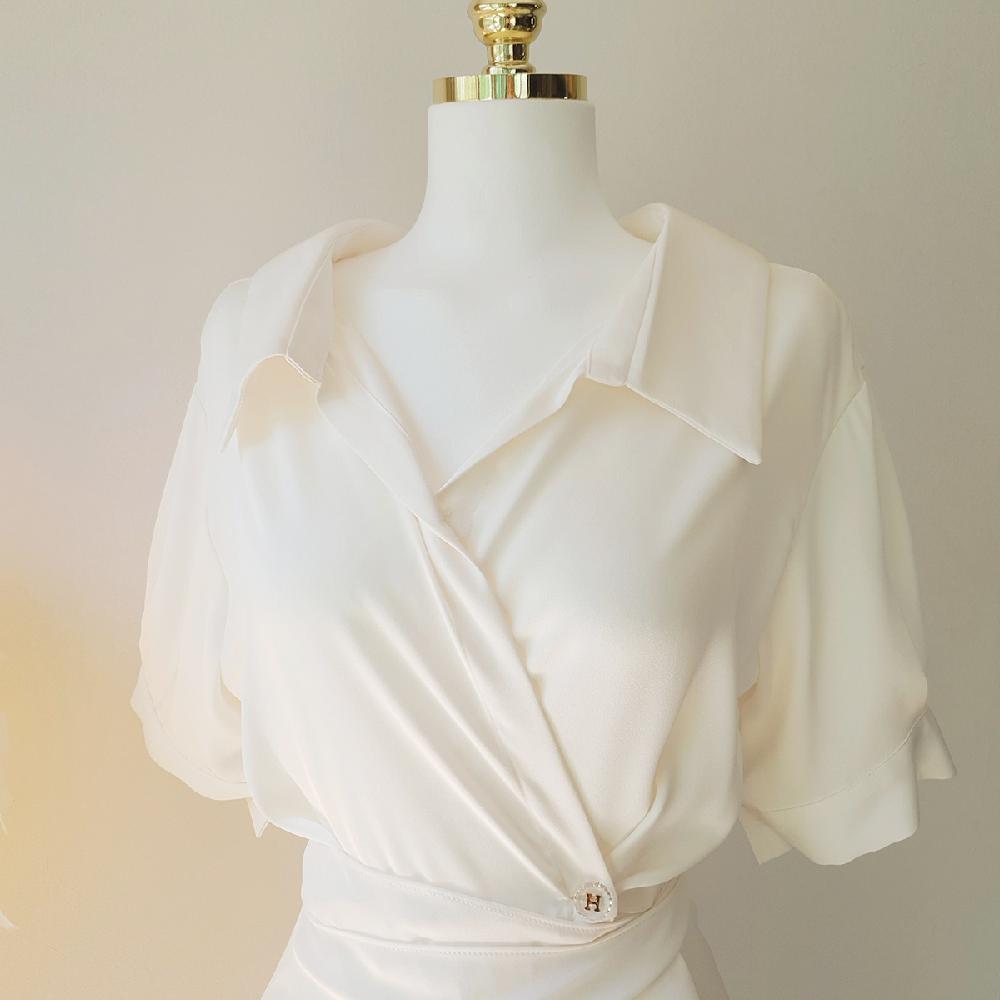 국내제작 여리핏 실크 새틴 카라 랩 롱 원피스 (2Color) - 상세 이미지 5