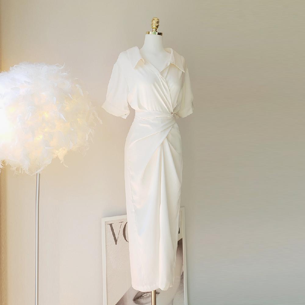 국내제작 여리핏 실크 새틴 카라 랩 롱 원피스 (2Color) - 상세 이미지 2