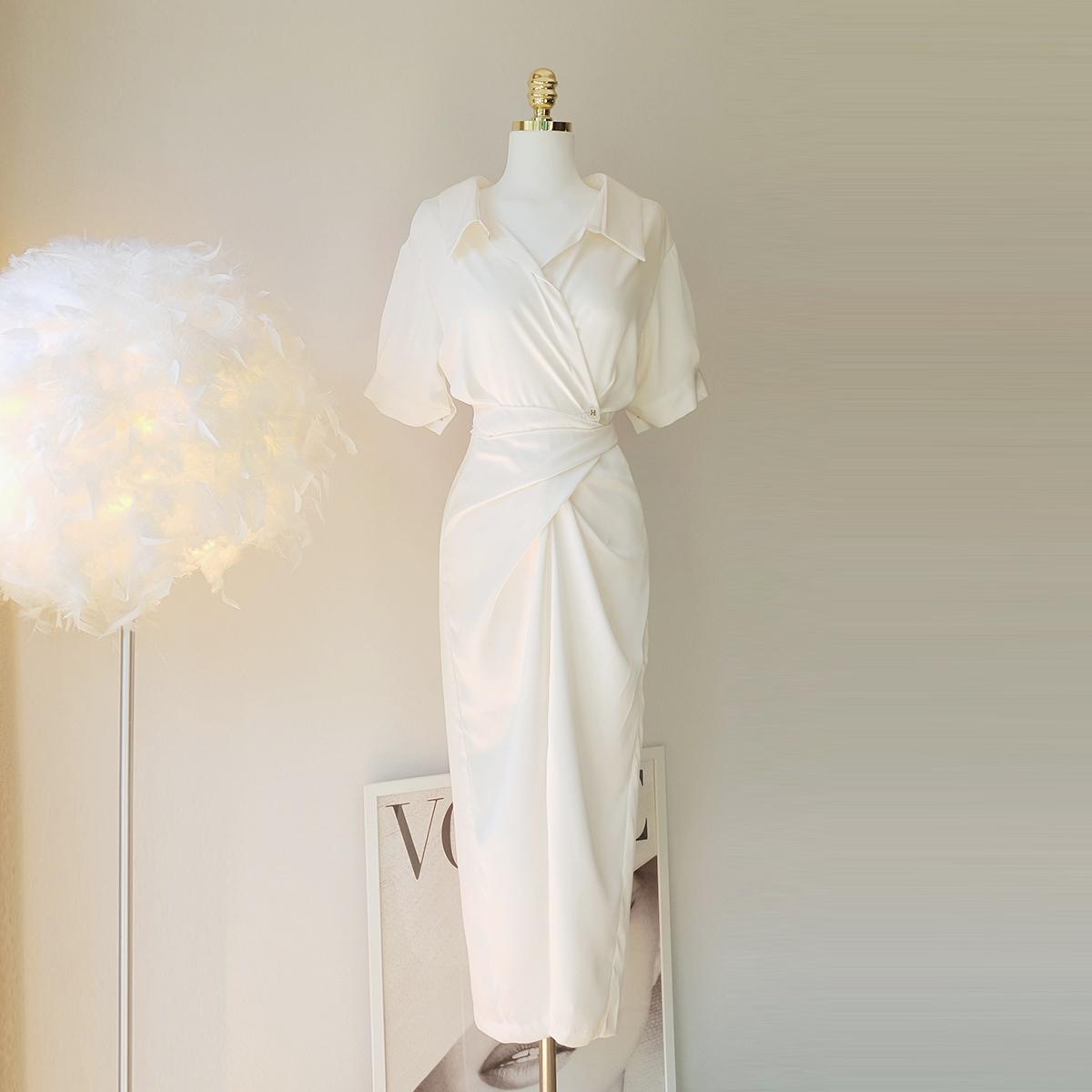 국내제작 여리핏 실크 새틴 카라 랩 롱 원피스 (2Color) - 상품 이미지