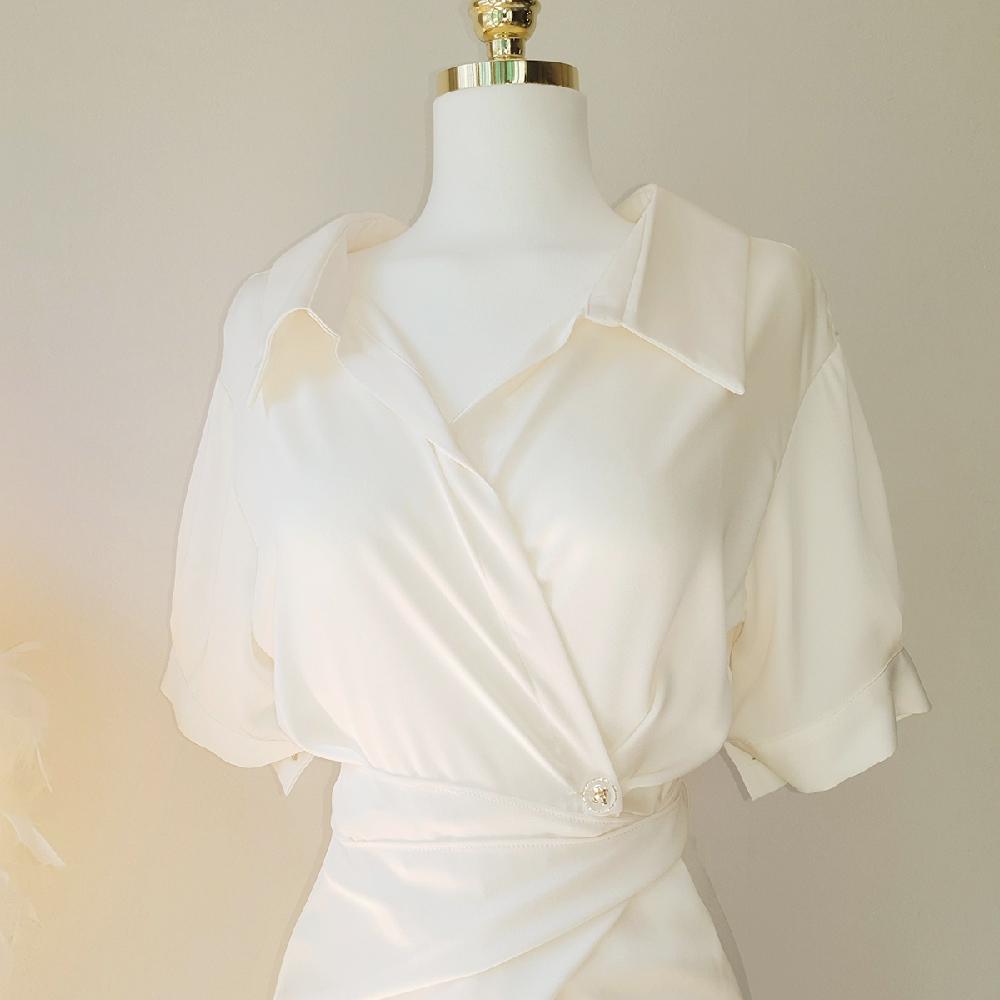 국내제작 여리핏 실크 새틴 카라 랩 롱 원피스 (2Color) - 상세 이미지 4