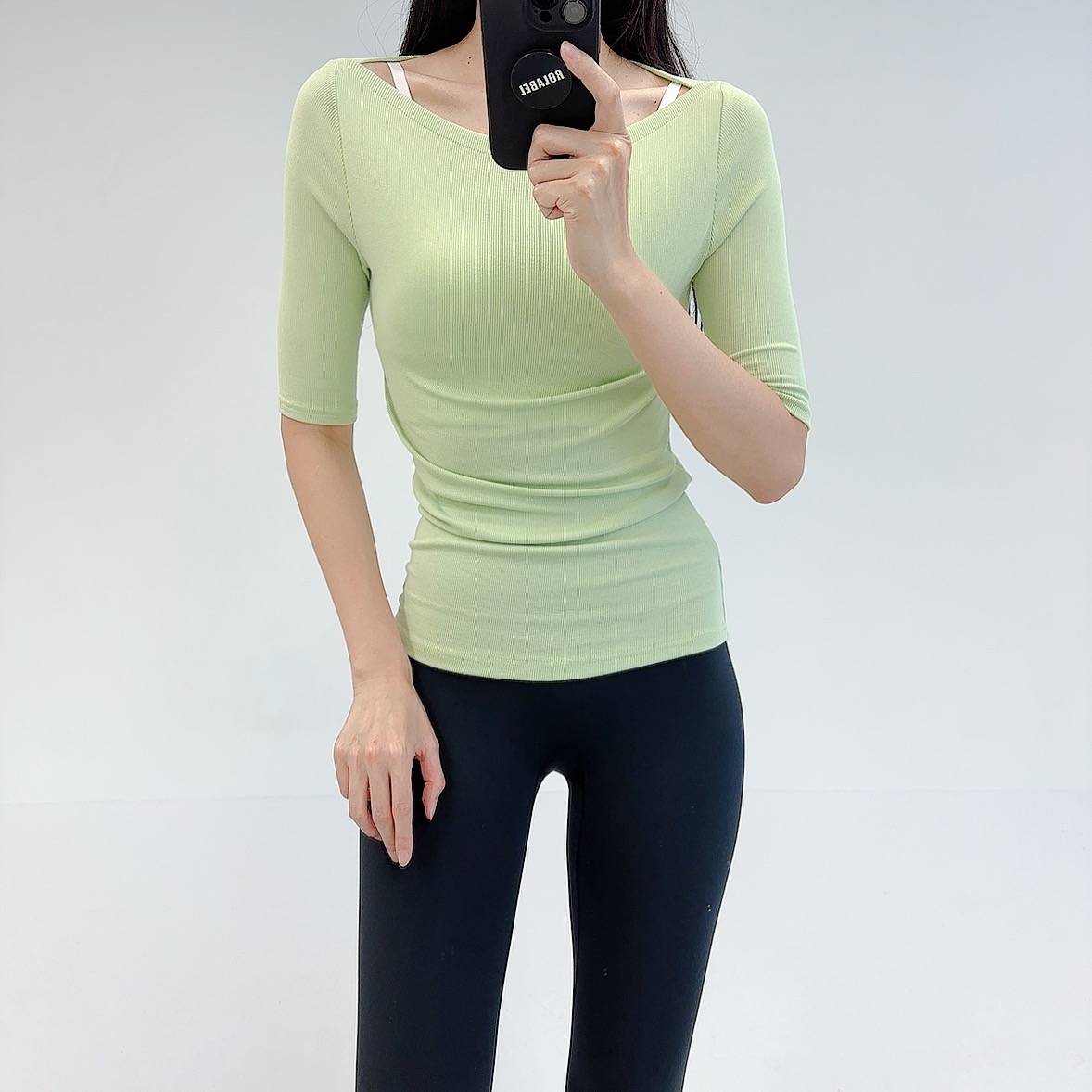 로라벨 우븐 필라테스복 여성 요가복 필라테스 요가 상의 옷 커버업 운동복 여름 반팔 - 상세 이미지 3