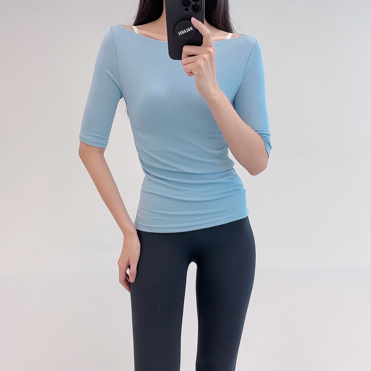 로라벨 우븐 필라테스복 여성 요가복 필라테스 요가 상의 옷 커버업 운동복 여름 반팔 - 상세 이미지 2