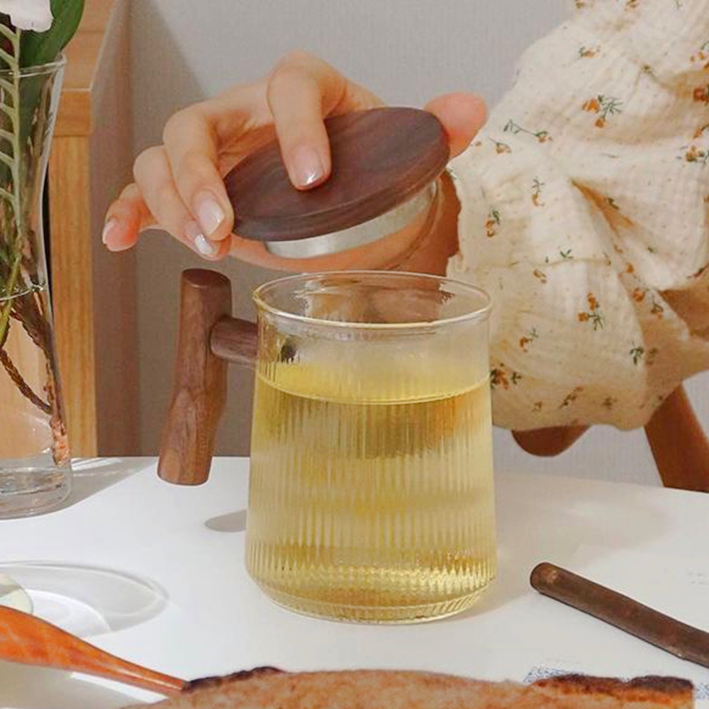 티머그 차우리는컵 내열유리 우드 뚜껑 차그루 호두나무