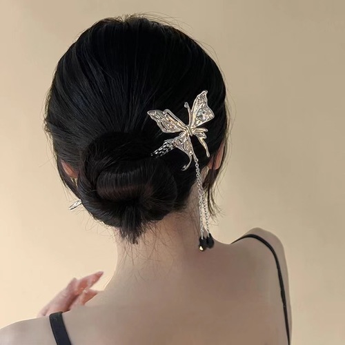 [당일발송] 키치 메탈 나비 헤어 비녀 테슬 비즈 블랙 큐빅 머리 악세사리 : 델리아 Dahlia