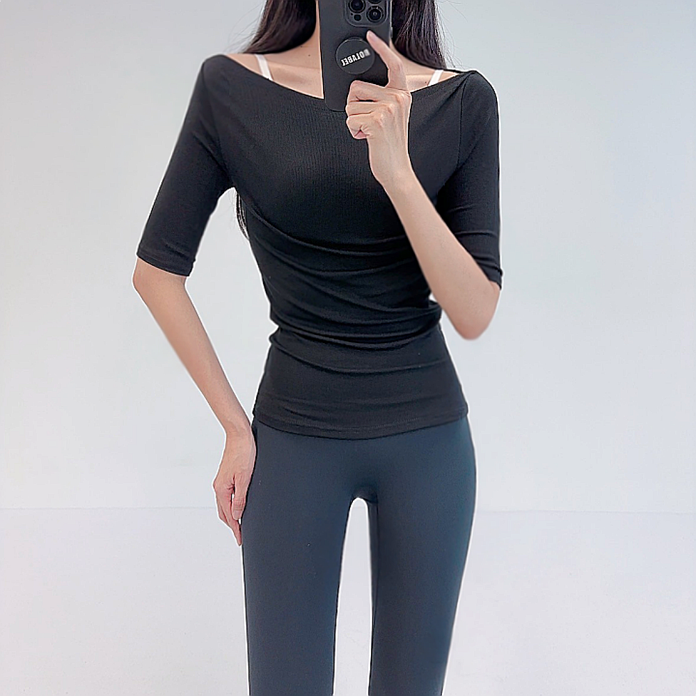로라벨 우븐 필라테스복 여성 요가복 필라테스 요가 상의 옷 커버업 운동복 여름 반팔 - 상품 이미지