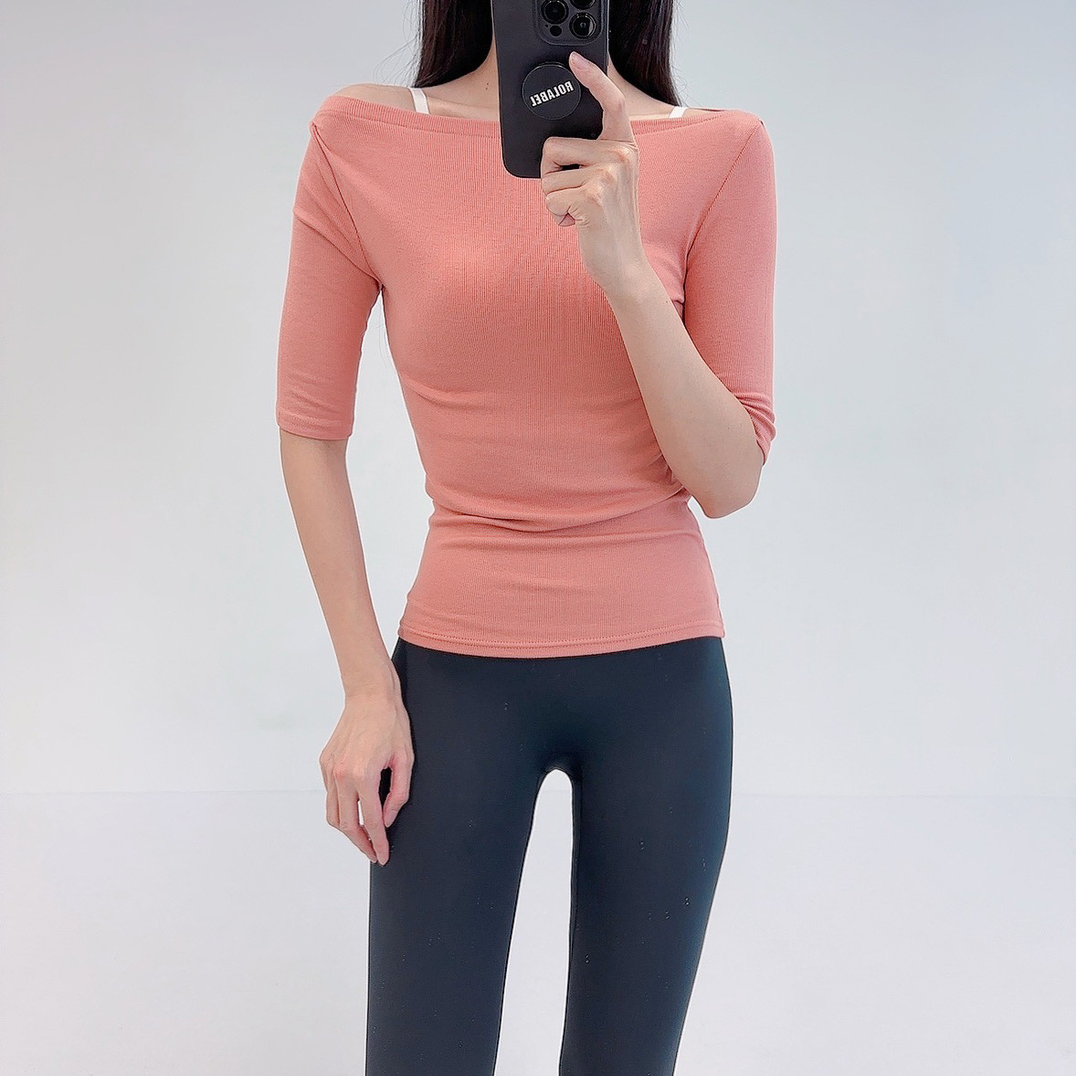 로라벨 우븐 필라테스복 여성 요가복 필라테스 요가 상의 옷 커버업 운동복 여름 반팔 - 상세 이미지 4