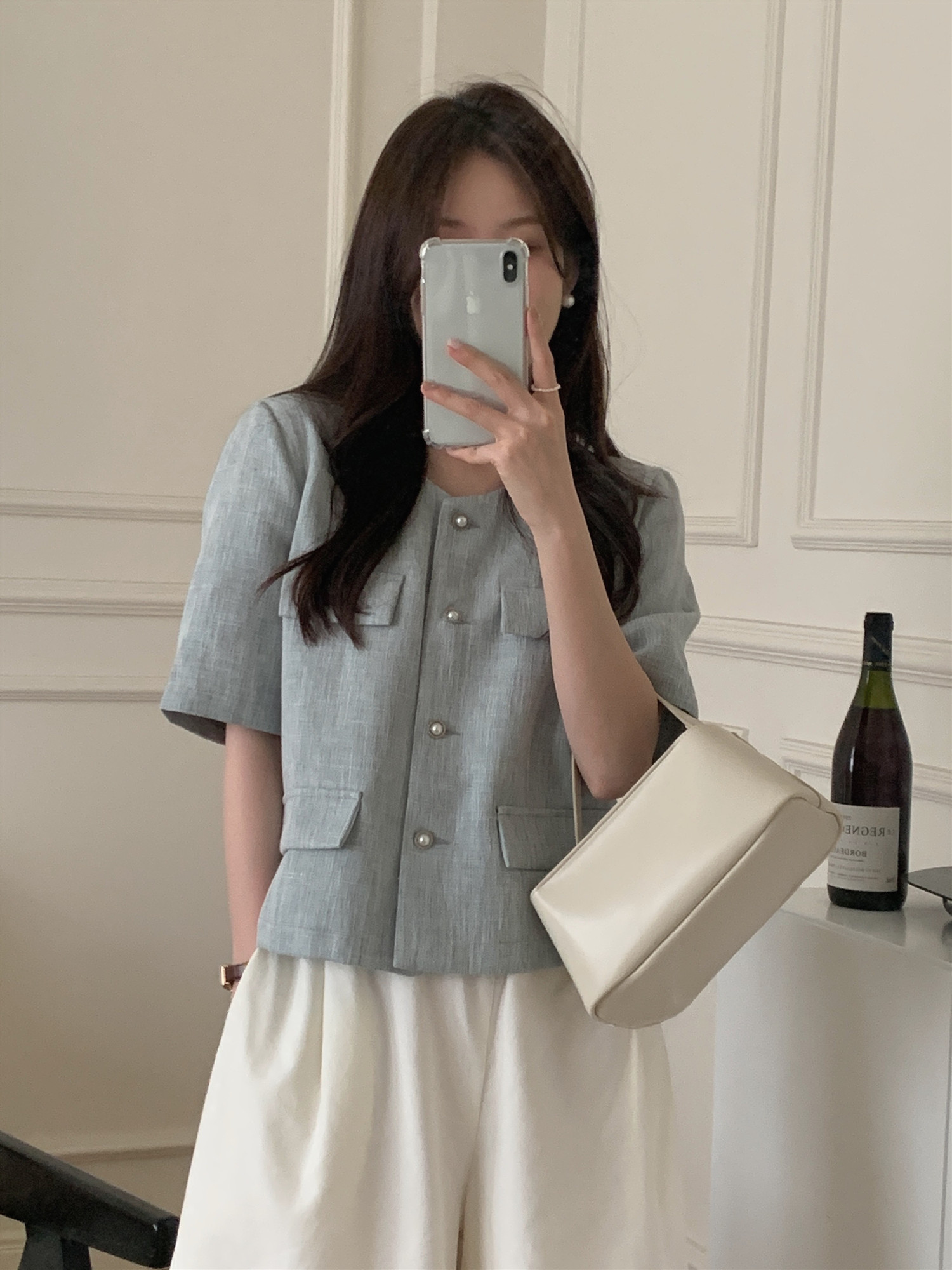 위시 린넨 여름 루즈핏 진주버튼 포켓 오피스 하객룩 노카라 숏 반팔 린넨 자켓 - 상세 이미지 3