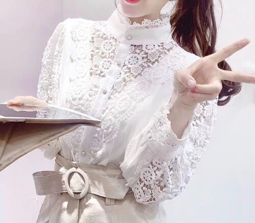 여자여자몰 우아한 셀럽블라우스 레이스자수 차이나넥 진주단추 여신코튼블라우스 - 상품 이미지